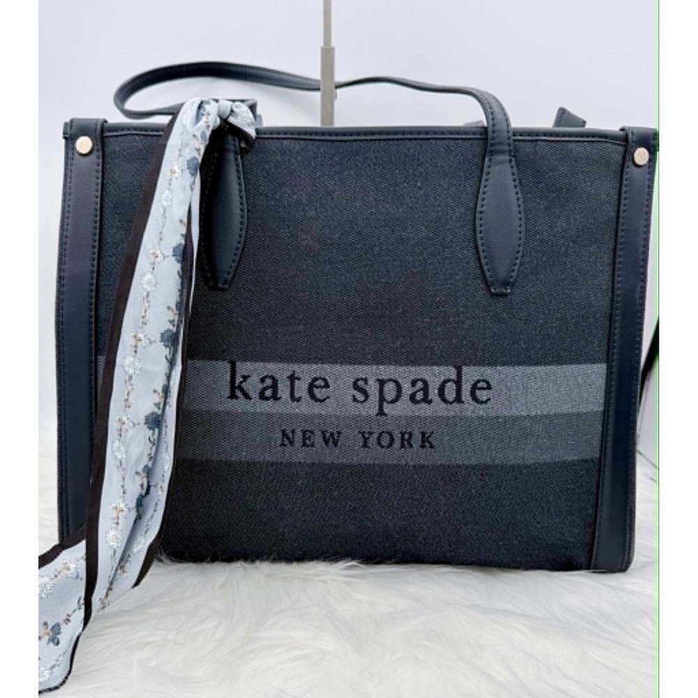 Kate Spade Market Denim Medium Tote Bag Dark Navy Blue Canvas Logo Purse